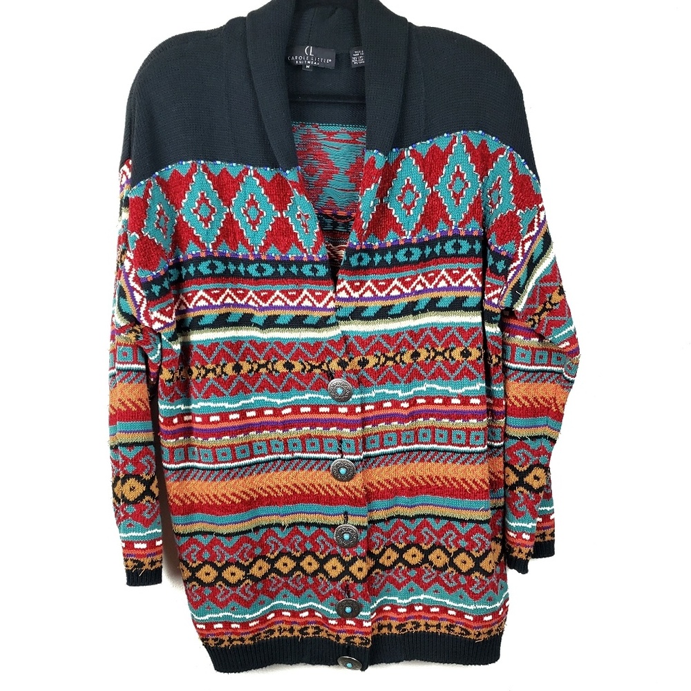 Vintage Beaded Aztec Boho Knit Button Cardigan